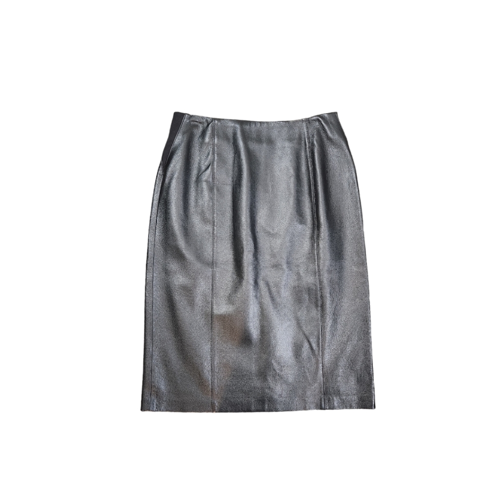 Dialogue Black Genuine Leather Washable Knee Length Skirt